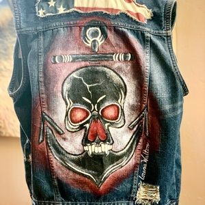 Agile Denim SZ LG Men’s Vest w American Flag hand-painted Navy Seal Skull